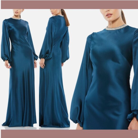 NWT IEENA Mac Duggal [ 10 ] Satin Long Blouson Sleeve Gown Sapphire Blue‎ #Q477 - Picture 1 of 16